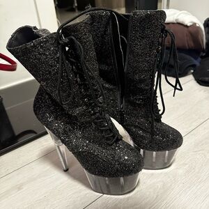 Black Glitter Platform Ankle Boots | PLEASER ADORE-1020G BOOTS